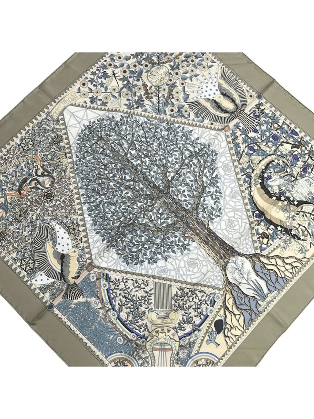 Hermes Scarf Carre 90 Beige White Gray Multi Axis Mundi Silk